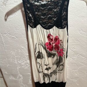 Papaya Black and White Graphic Tank Top with Red Floral Accent